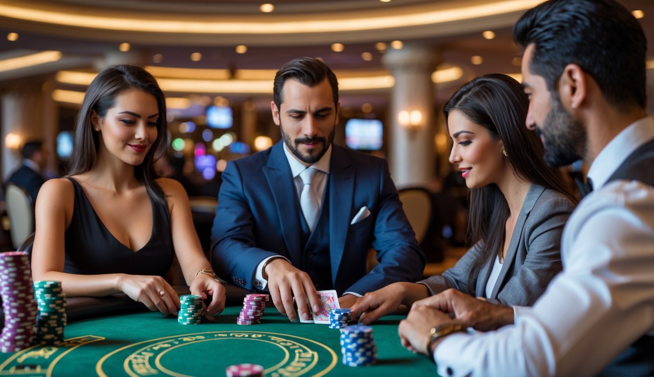 Seorang pria dan wanita duduk di meja kasino langsung bermain kartu dengan dealer di latar belakang.