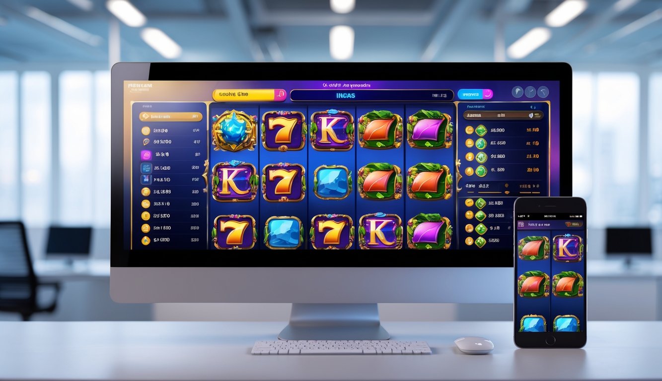 Antarmuka permainan slot online yang terstruktur dan mudah dinavigasi ditampilkan pada layar komputer dan ponsel di lingkungan kantor yang bersih.