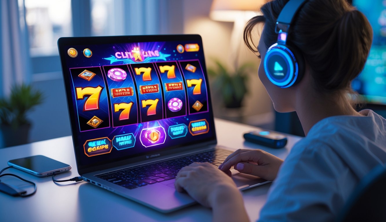 Seorang pemain sedang menggunakan komputer dengan layar menampilkan permainan slot online yang berwarna-warni di lingkungan rumah yang nyaman.