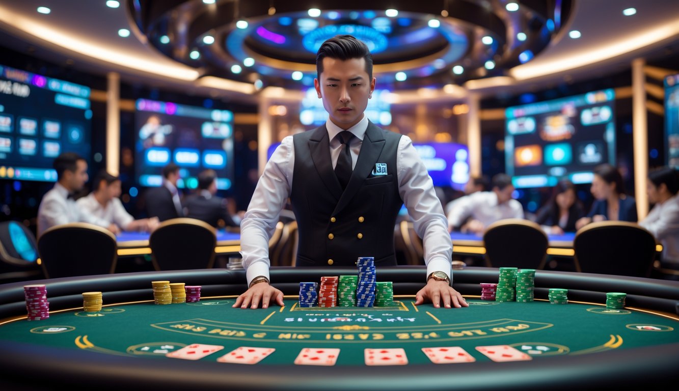 Seorang dealer berjubah rapi berdiri di meja kasino dengan kartu dan chip, sementara beberapa pemain fokus bermain di latar belakang.
