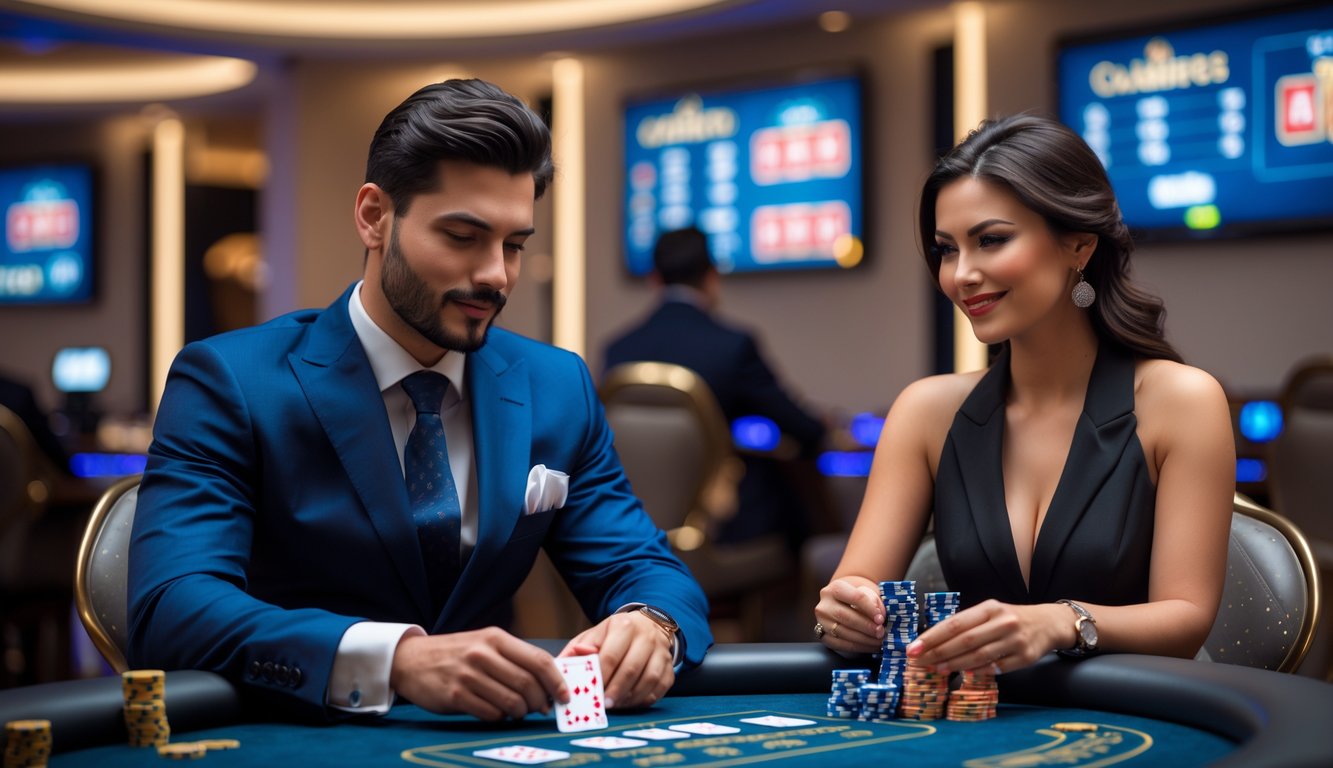 Seorang pria dan wanita duduk di meja kasino dengan kartu dan chip, suasana kasino langsung yang mewah dan modern.