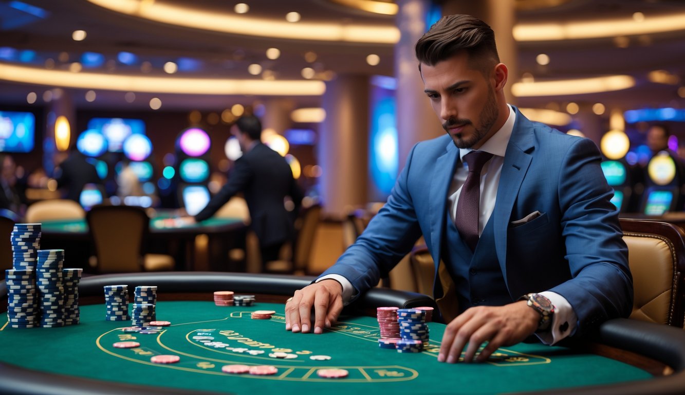 Seorang pria percaya diri sedang bermain judi di meja kasino langsung yang mewah dengan chip dan kartu di atas meja.