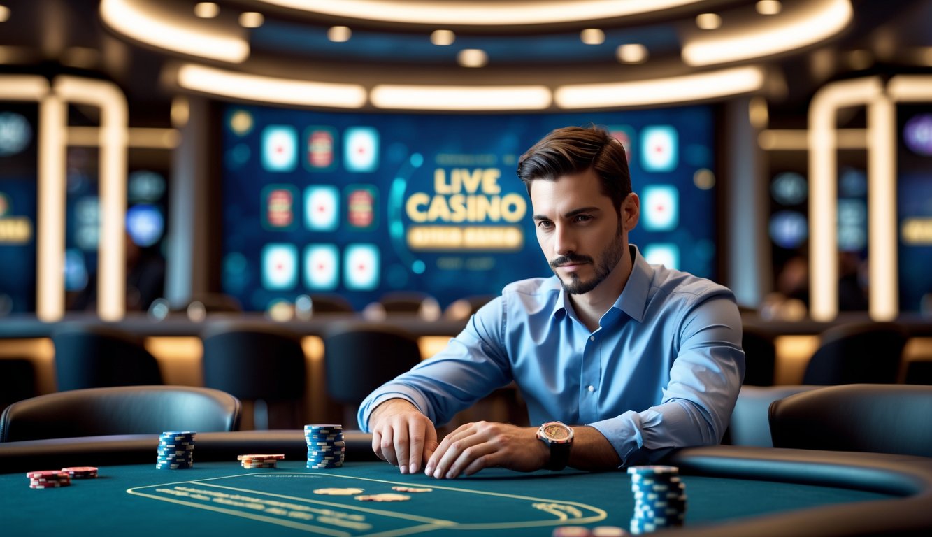 Seorang pria percaya diri duduk di meja kasino modern dengan elemen kasino digital di sekitarnya, fokus pada permainan judi online langsung.