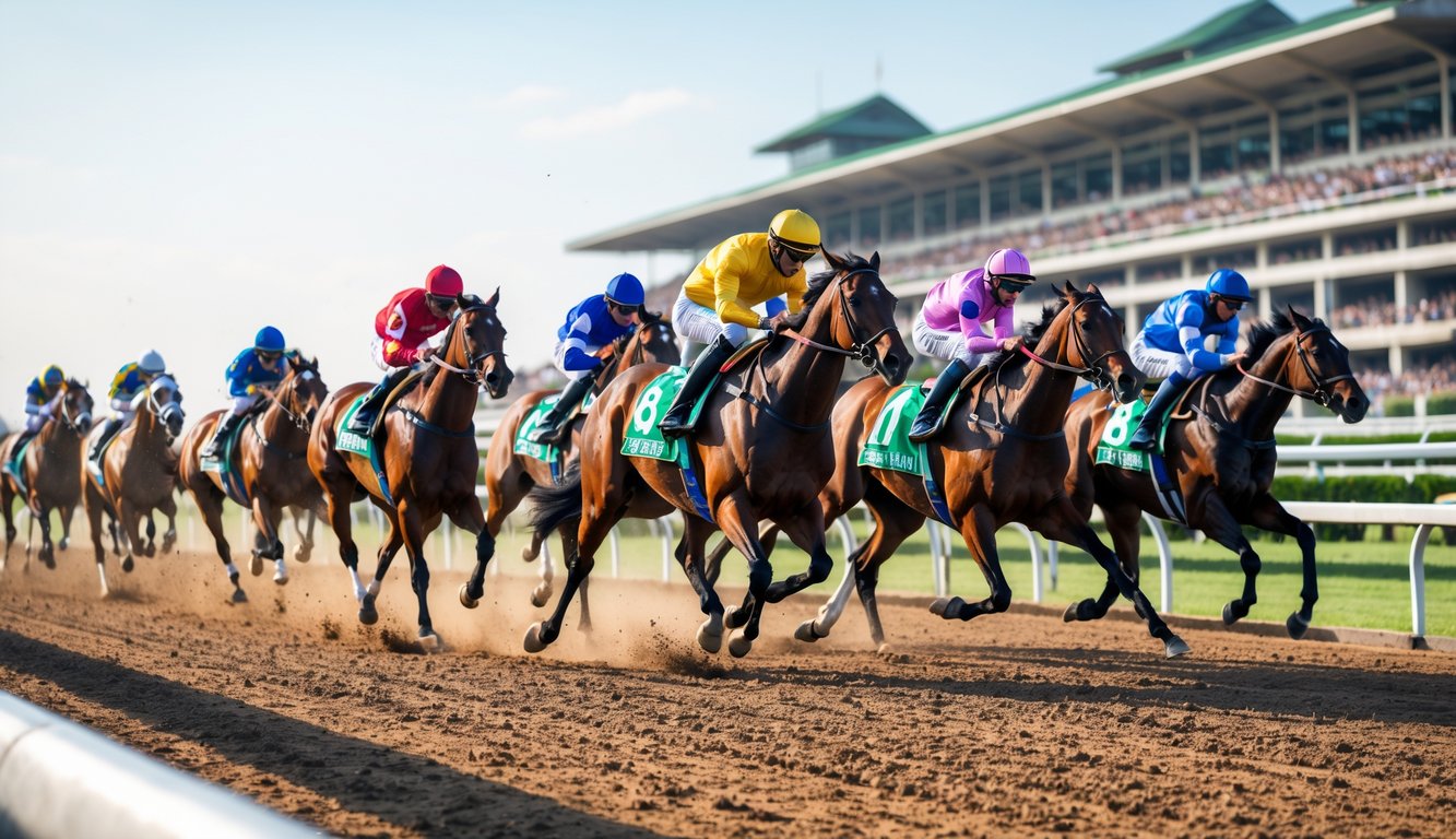 Lomba pacuan kuda dengan beberapa joki menunggangi kuda yang berlari cepat di lintasan pacuan dengan tribun penonton penuh di latar belakang.