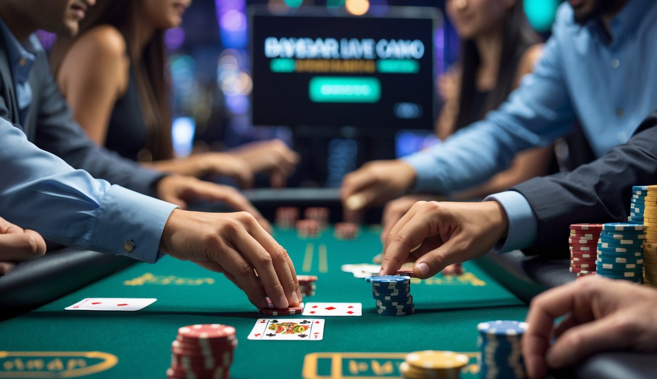 Beberapa pemain sedang bermain judi di meja kasino dengan kartu dan chip taruhan kecil.