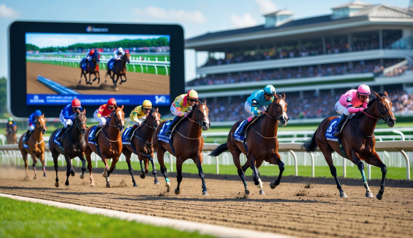 Balapan kuda dengan joki berwarna-warni di lintasan, penonton menonton dari tribun, layar besar menampilkan siaran langsung balapan.