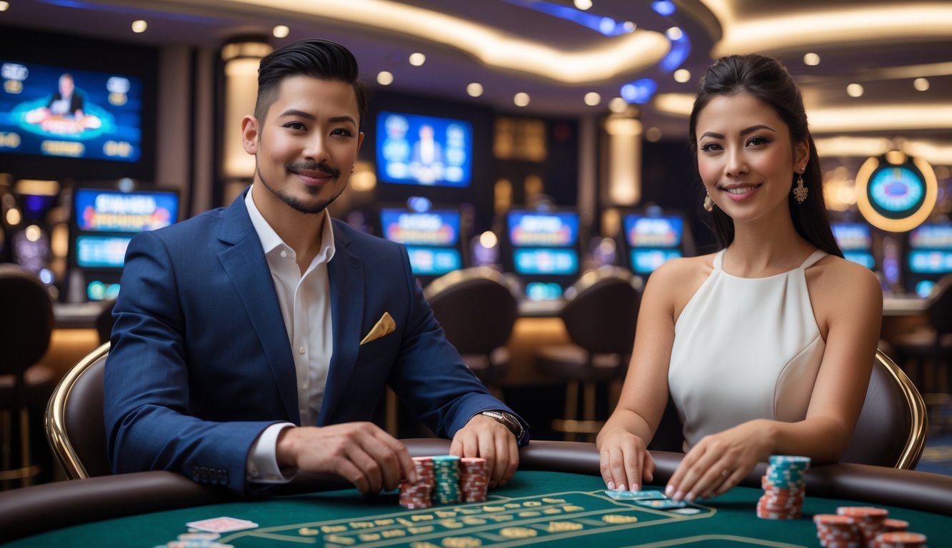 Seorang pria dan wanita duduk di meja kasino mewah dengan chip dan kartu, fokus bermain di lingkungan kasino langsung yang modern.