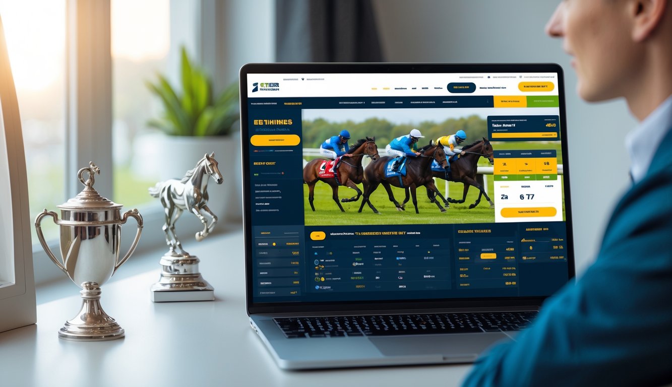 Seseorang sedang menggunakan laptop dengan tampilan situs pacuan kuda online di meja yang rapi, dengan pencahayaan alami di ruangan.