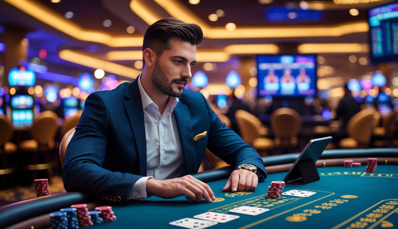 Seorang pria duduk di meja kasino dengan kartu dan chip, fokus bermain di kasino langsung yang mewah.