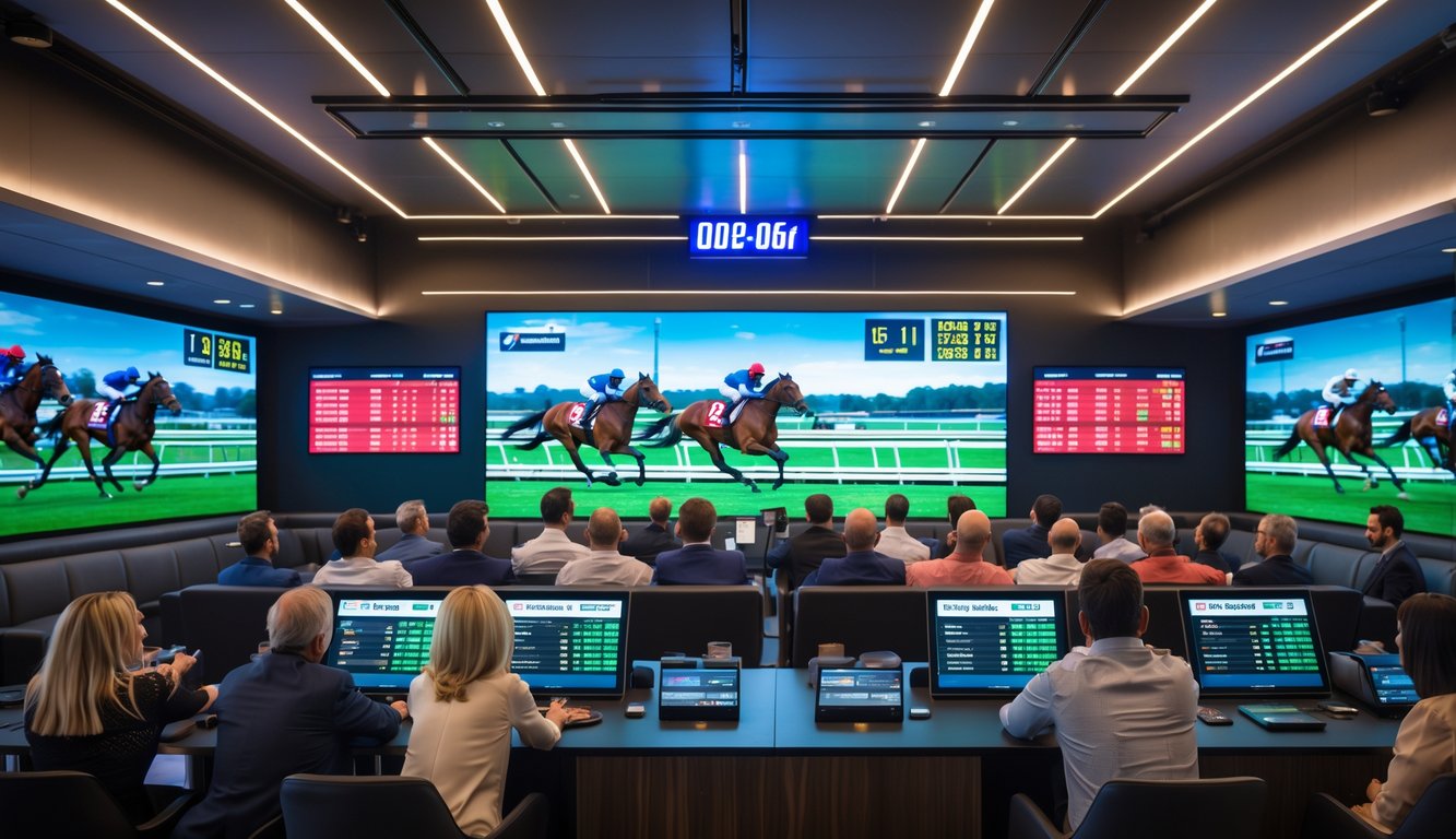 Sekelompok orang menonton pacuan kuda di ruang taruhan modern dengan layar besar dan suasana ramai.