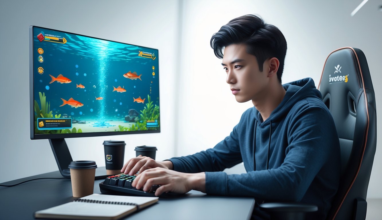 Seorang pria muda duduk di depan komputer dengan layar menampilkan permainan tembak ikan, terlihat fokus dan serius.
