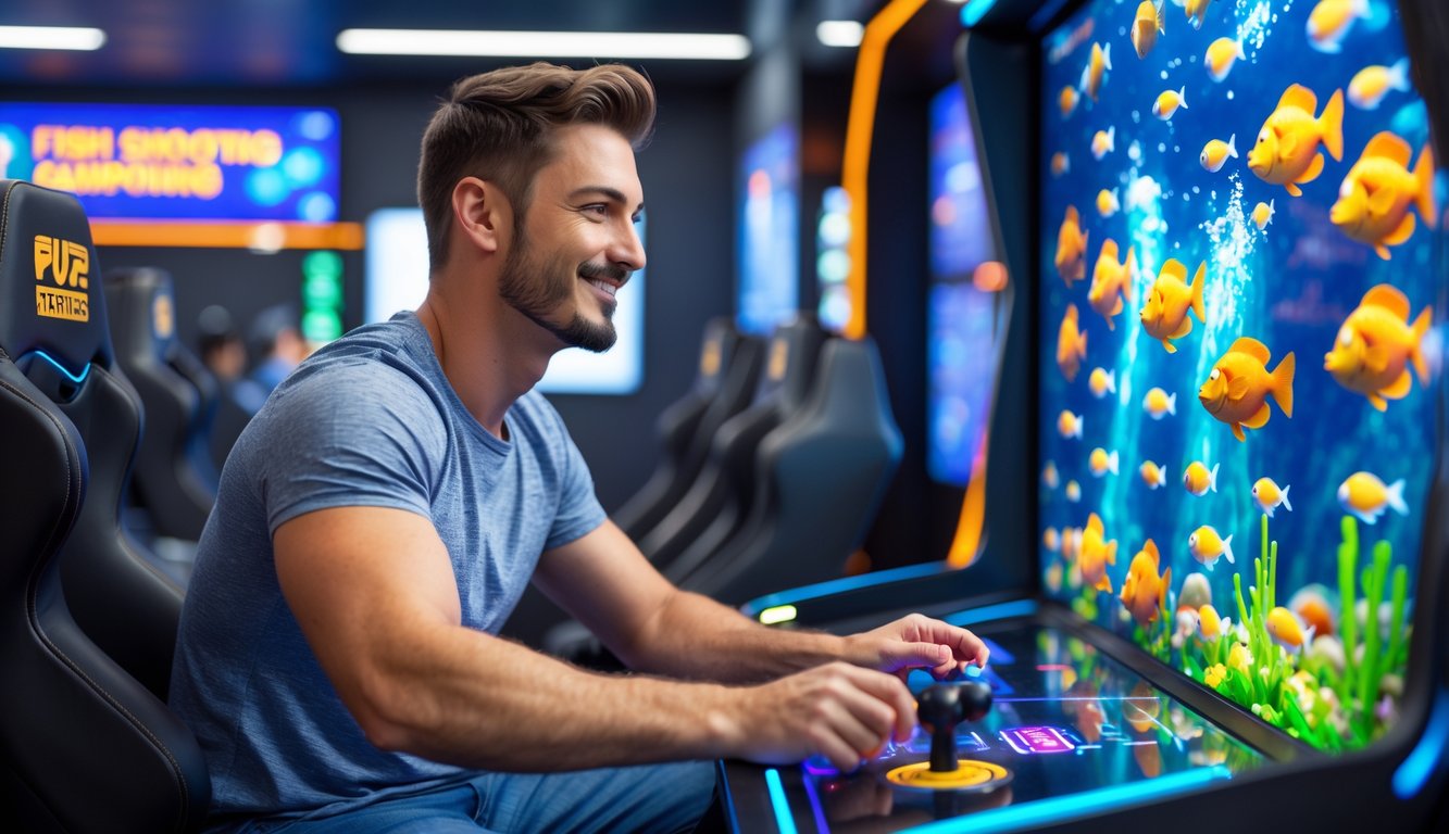 Seorang pria fokus bermain game tembak ikan di ruangan gaming modern dengan layar besar penuh warna dan pencahayaan neon.