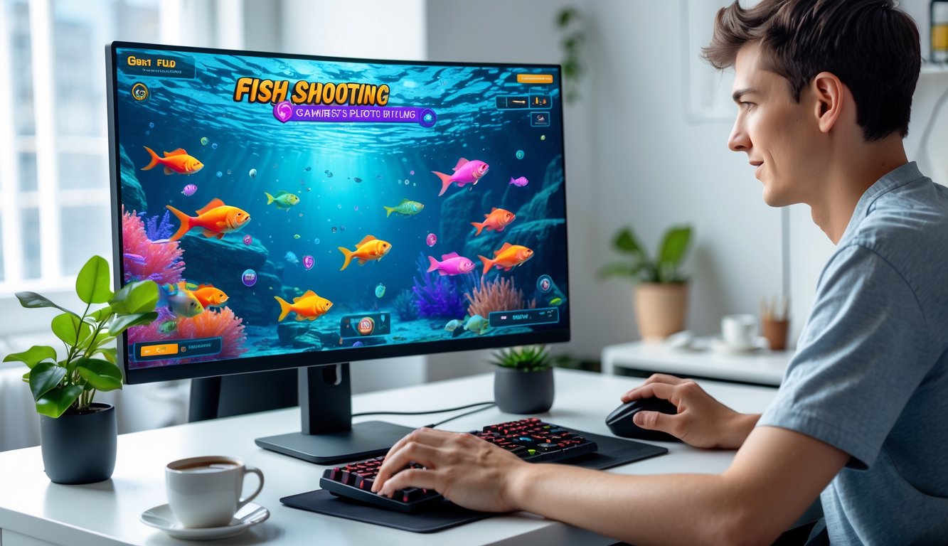 Seseorang duduk di depan komputer dengan layar menampilkan permainan tembak ikan, di meja terdapat tanaman kecil dan cangkir kopi.