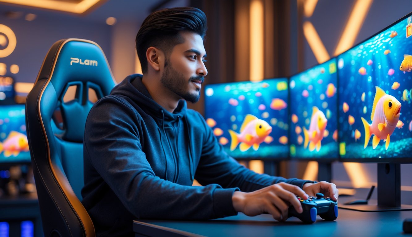 Seorang pria fokus bermain permainan tembak ikan di depan beberapa layar komputer dengan grafis ikan berwarna-warni.