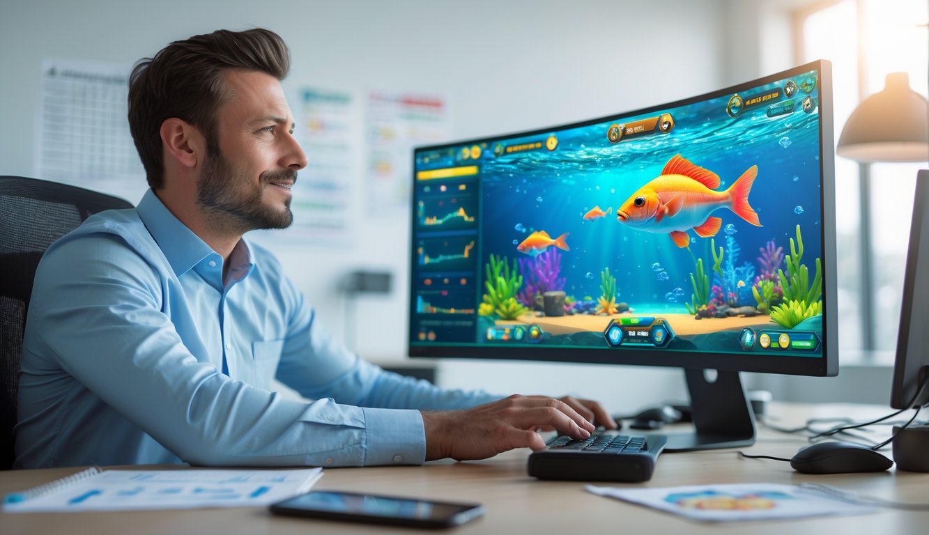 Seorang pria fokus di depan layar komputer yang menampilkan permainan tembak ikan dengan suasana kantor modern.