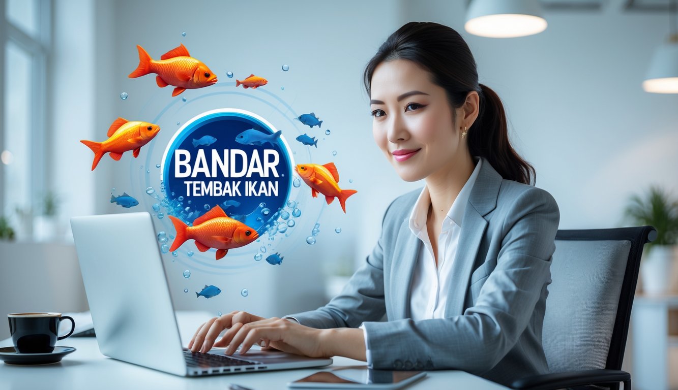 Seorang wanita muda duduk di meja dengan laptop, tampak fokus dan tersenyum, di sekitar ada elemen grafis ikan dan suasana kantor yang terang.