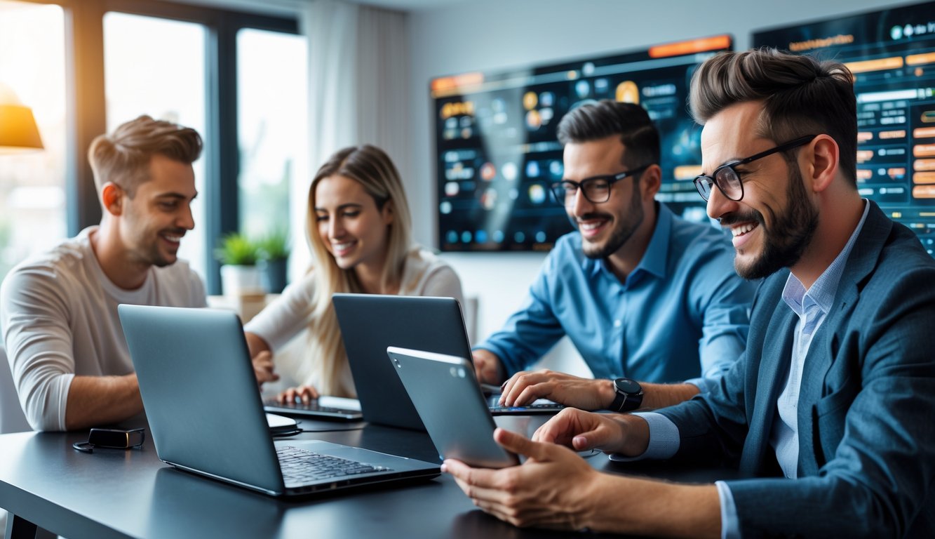 Sekelompok orang dengan berbagai usia sedang menggunakan perangkat elektronik untuk bermain judi online di lingkungan rumah atau kantor yang modern dan nyaman.