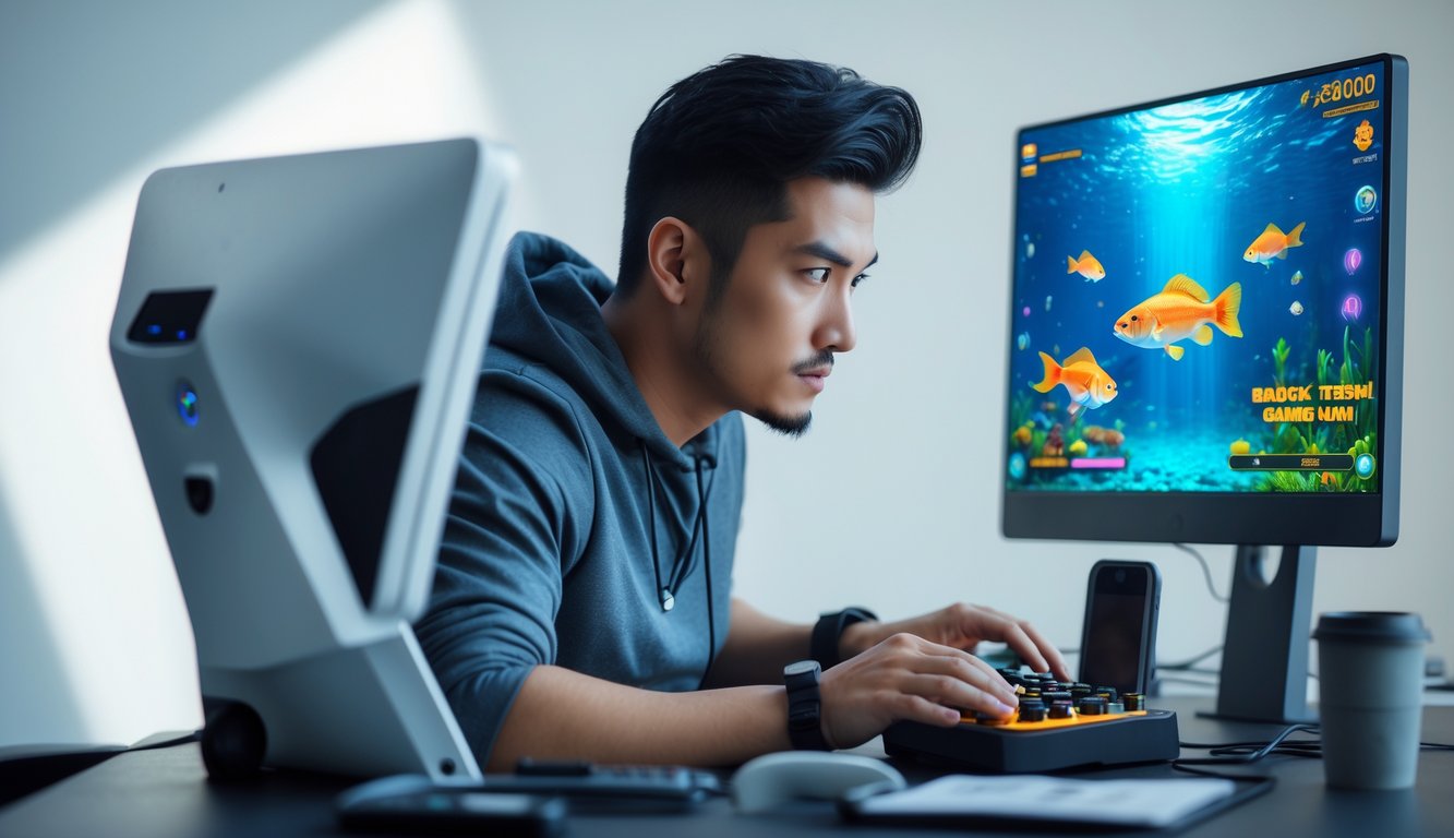 Seorang pria duduk di depan komputer dengan permainan ikan tembak di layar, tampak fokus dan serius bermain.