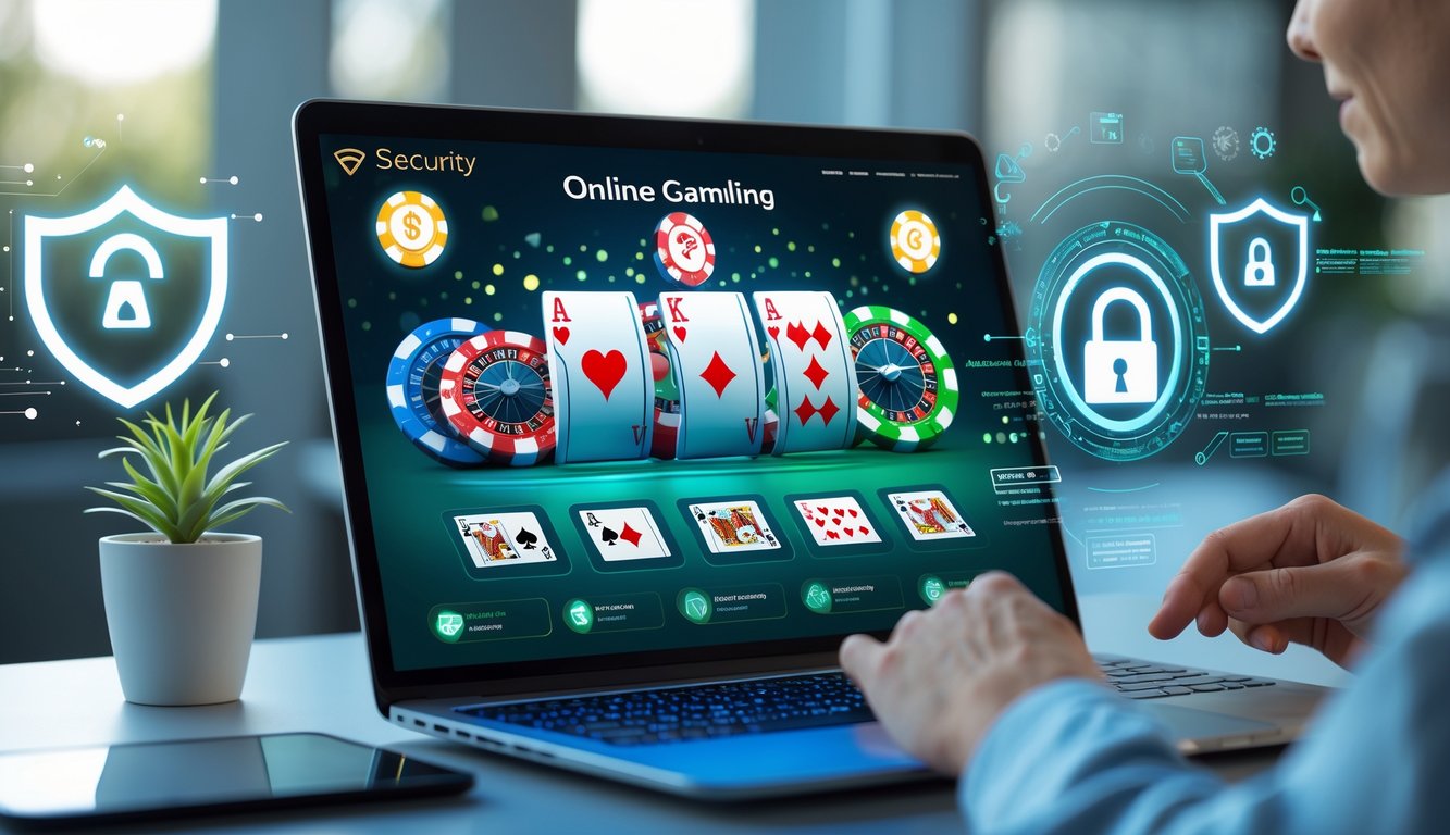 Seseorang menggunakan komputer dengan layar menampilkan permainan kasino online dan ikon keamanan di sekitarnya.