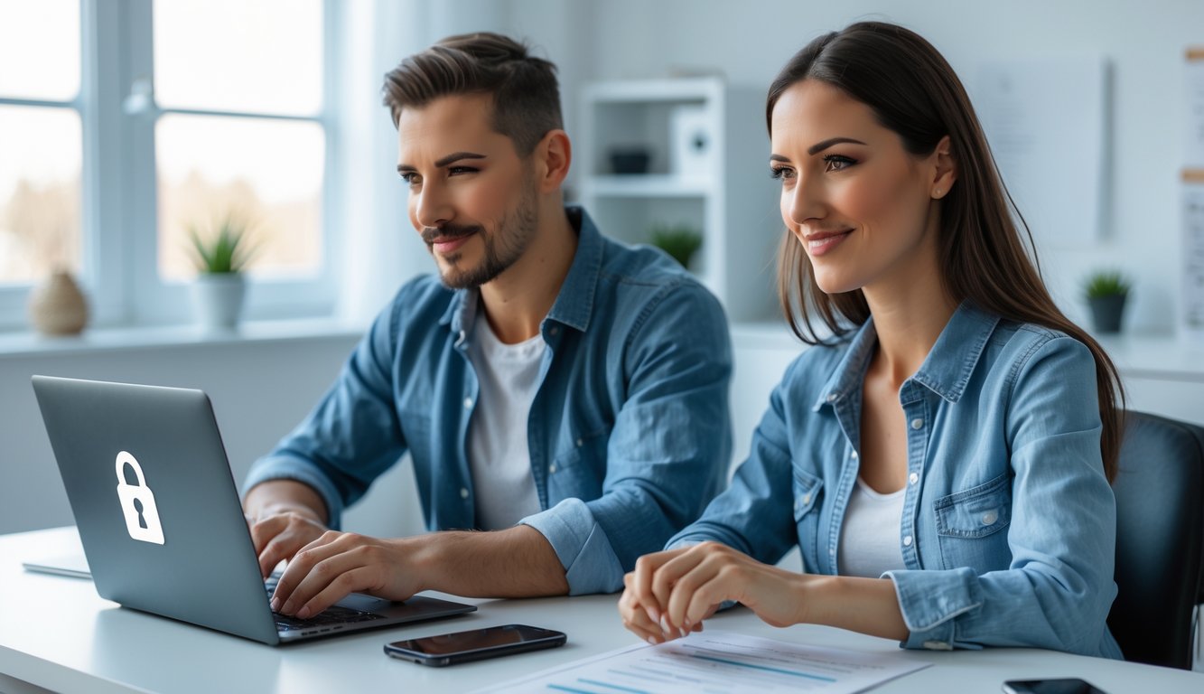 Dua orang dewasa duduk di meja modern dengan laptop dan ponsel, bermain judi online dengan fokus dan santai di ruang kerja rumah yang terang dan rapi.