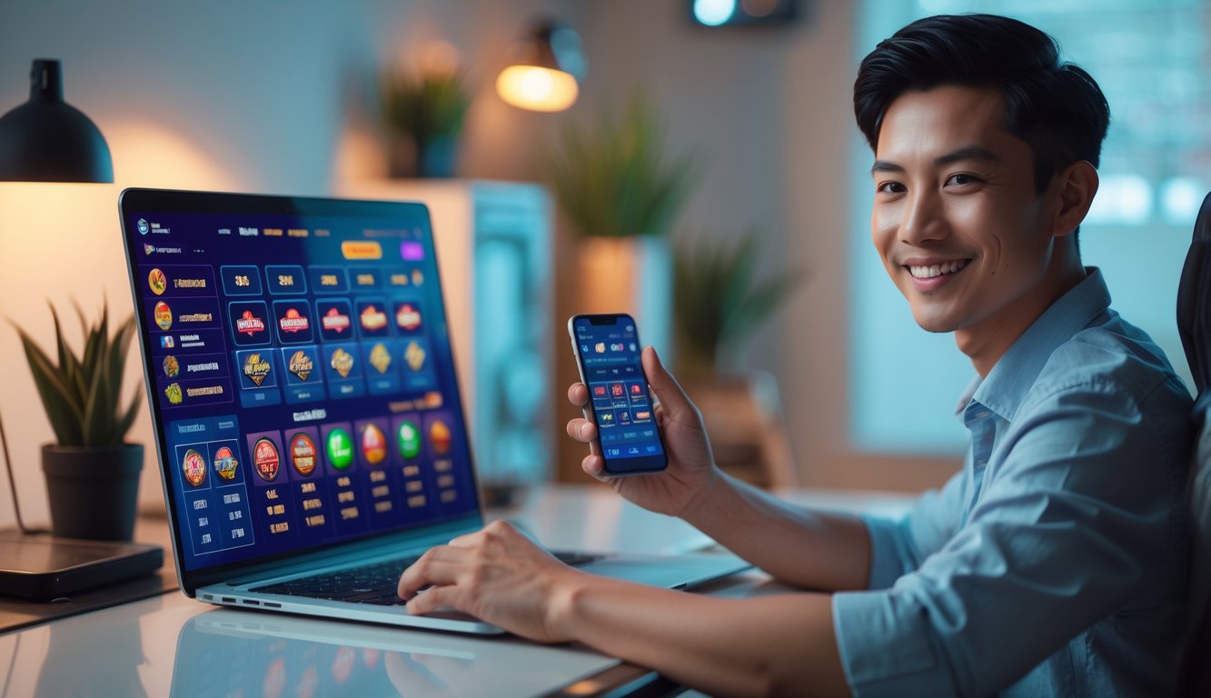 Seorang dewasa muda tersenyum menggunakan laptop dan ponsel di meja kerja modern dengan latar belakang kantor rumah yang rapi.