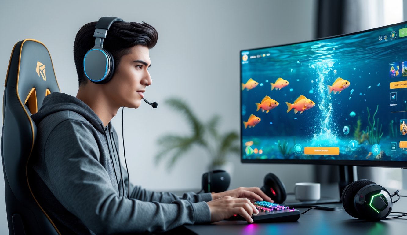 Seorang pria muda fokus bermain game tembak ikan di komputer dengan latar ruangan modern yang rapi.
