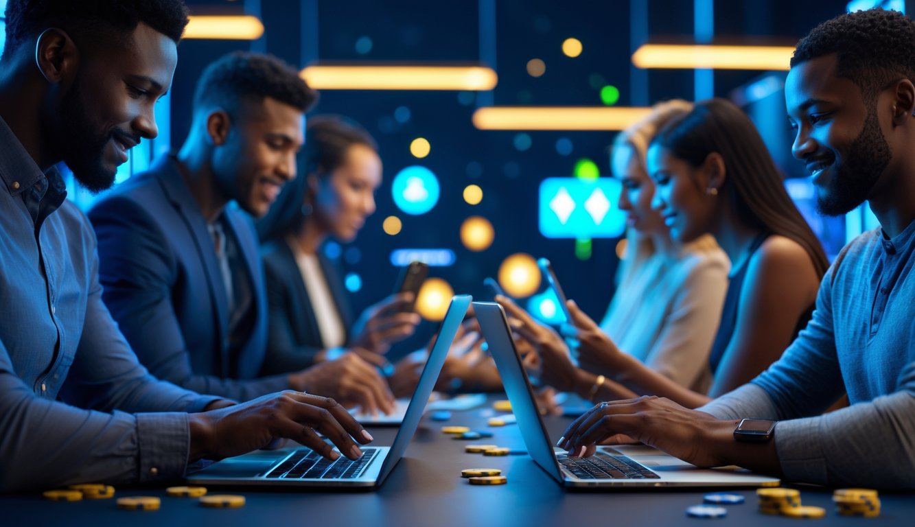 Sekelompok orang menggunakan perangkat digital di lingkungan bermain judi online dengan suasana modern dan pencahayaan biru keemasan.