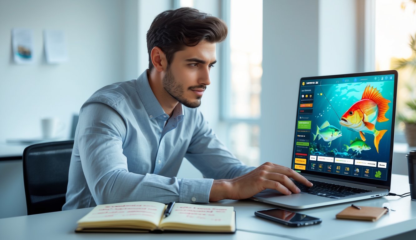 Seorang pria muda duduk di meja dengan laptop menampilkan permainan tembak ikan, terlihat fokus dan serius dalam suasana kantor yang rapi.