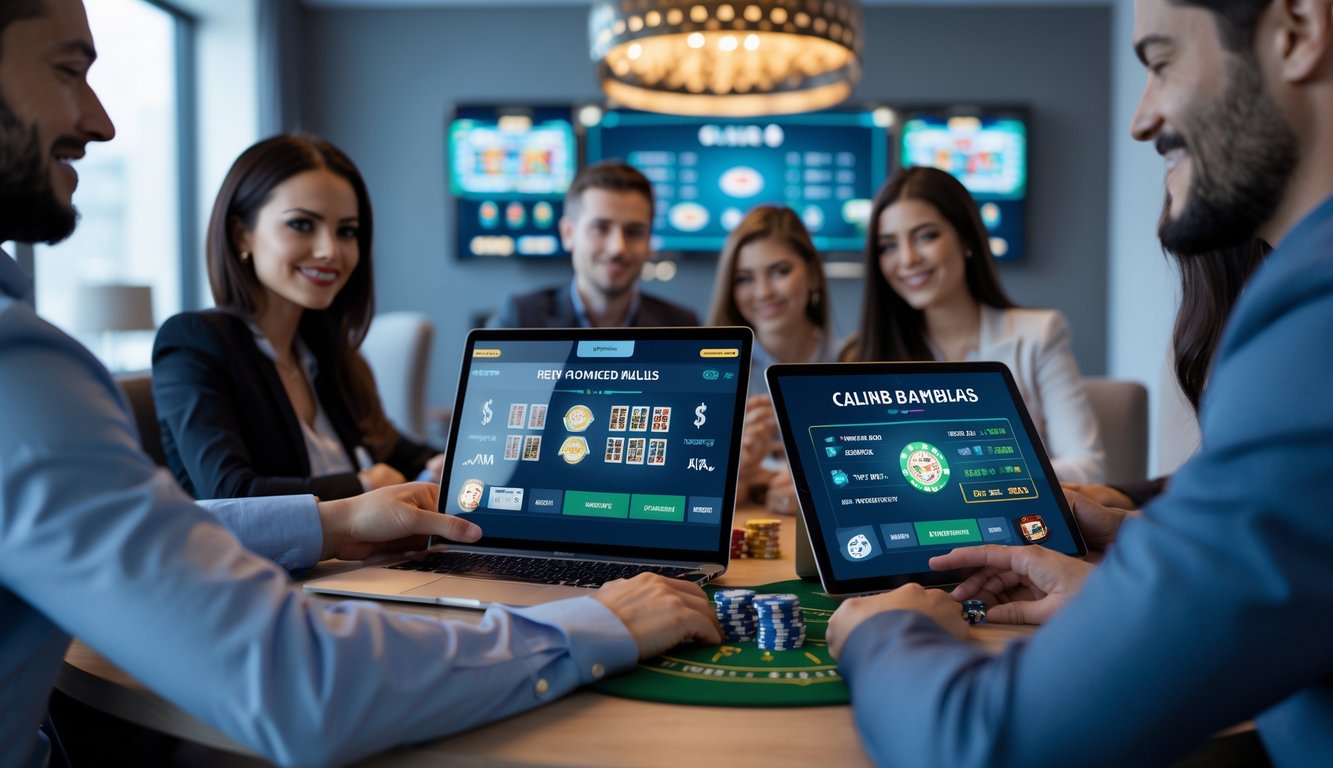 Sekelompok orang menggunakan perangkat digital untuk bermain judi online di lingkungan modern yang nyaman dan terpercaya.