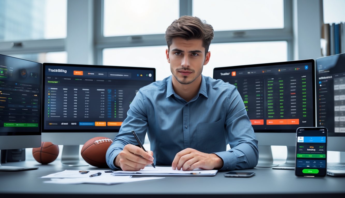 Seorang pria muda duduk di meja dengan beberapa layar komputer yang menampilkan statistik dan pertandingan olahraga langsung, sedang menganalisis data dan mencatat di kantor modern.