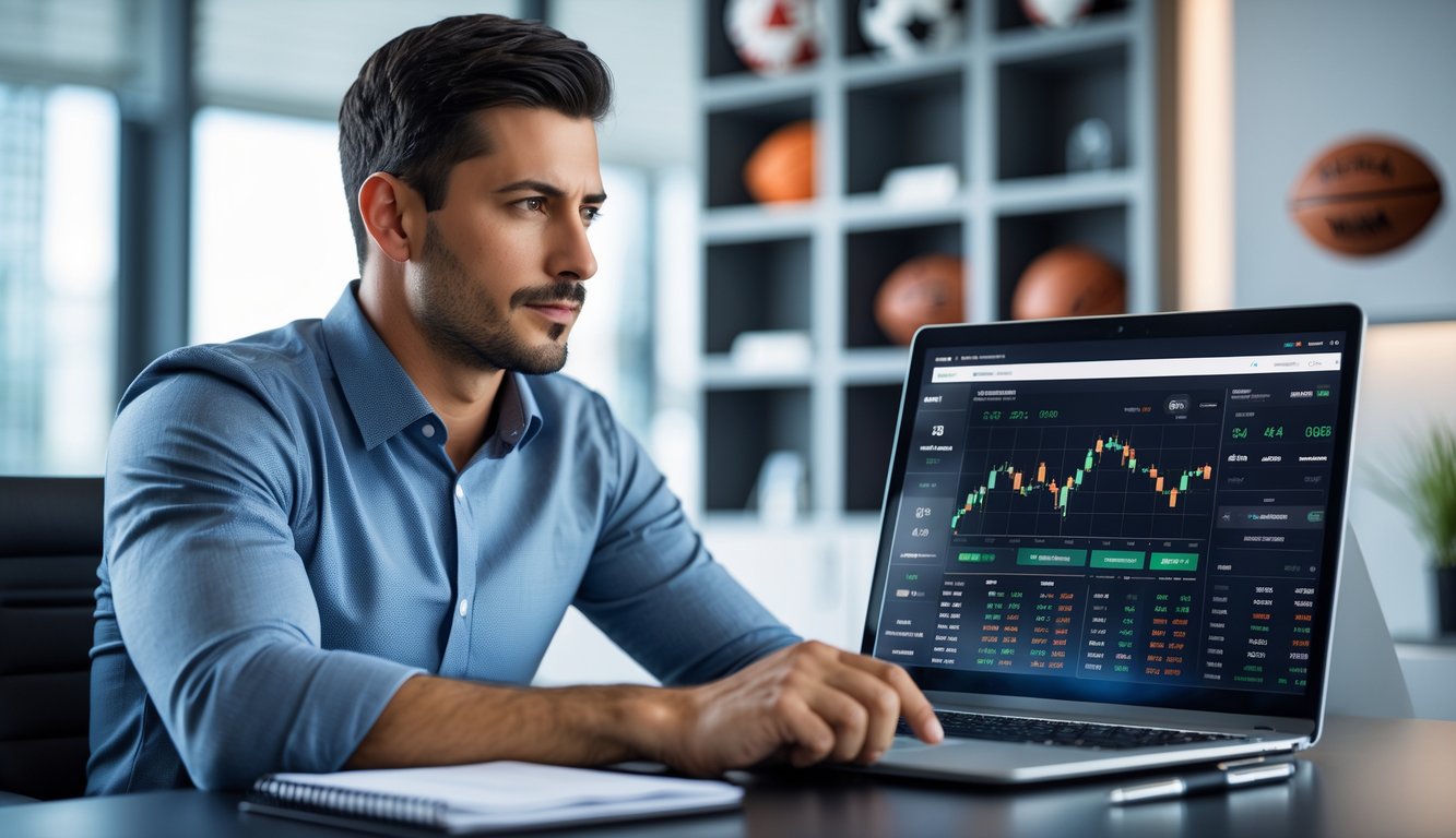 Seorang pria duduk di meja dengan laptop yang menampilkan data taruhan olahraga, terlihat fokus dan menganalisis informasi.