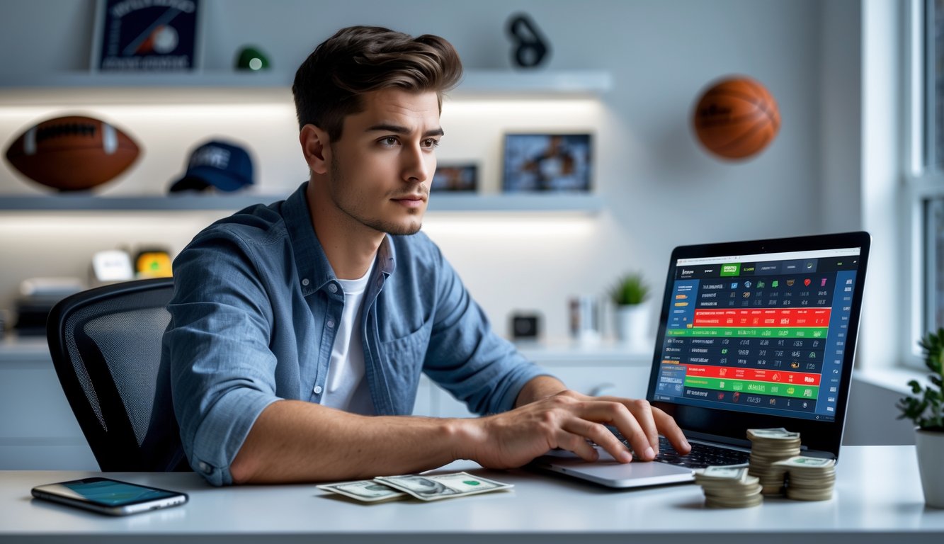 Seorang pria muda duduk di meja dengan laptop, memeriksa statistik taruhan olahraga di ruang kerja modern.