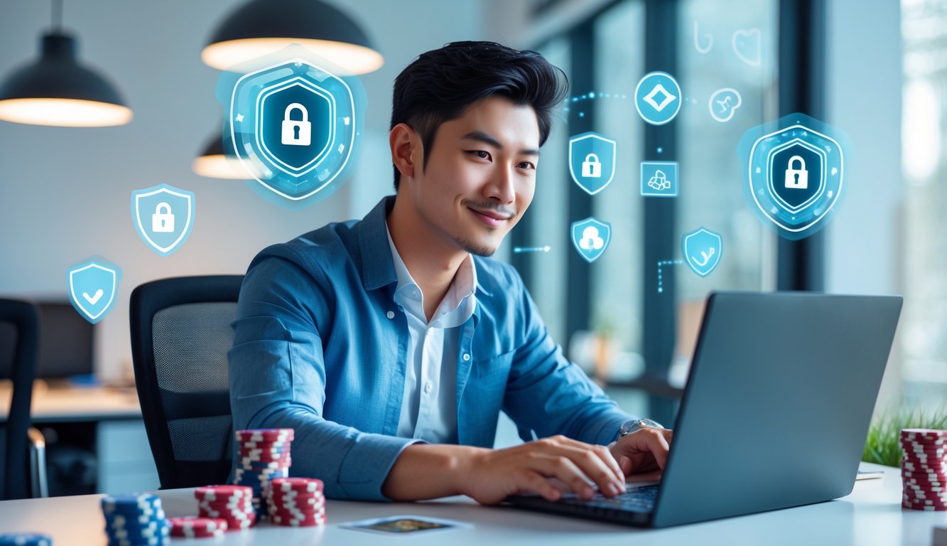 Seorang pria muda duduk di meja dengan laptop, dikelilingi ikon keamanan digital, di ruang kantor modern dengan kartu dan chip poker di meja.