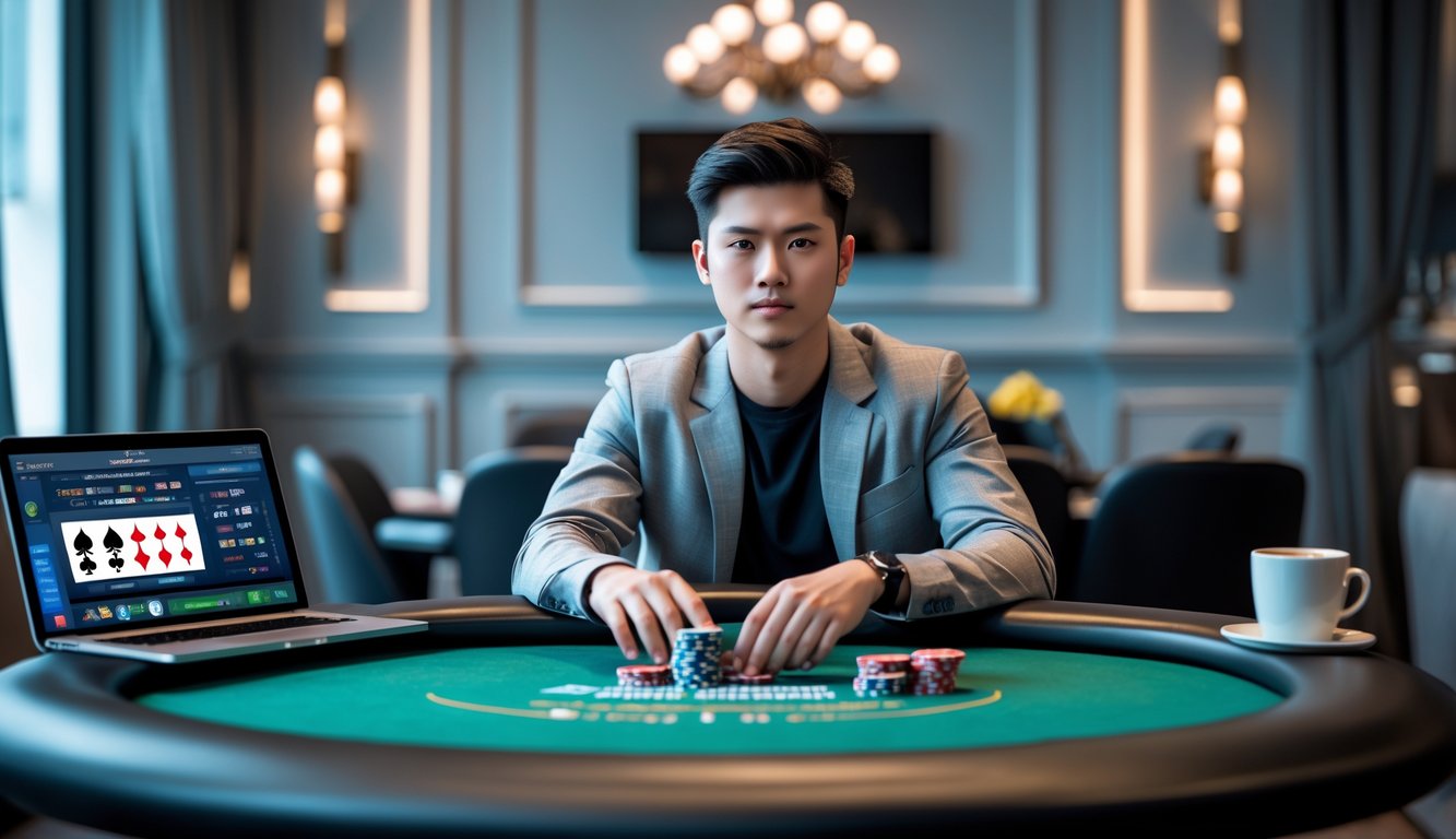Seorang dewasa muda duduk di meja poker dengan kartu dan tumpukan chip, di depan laptop yang menampilkan permainan poker online.