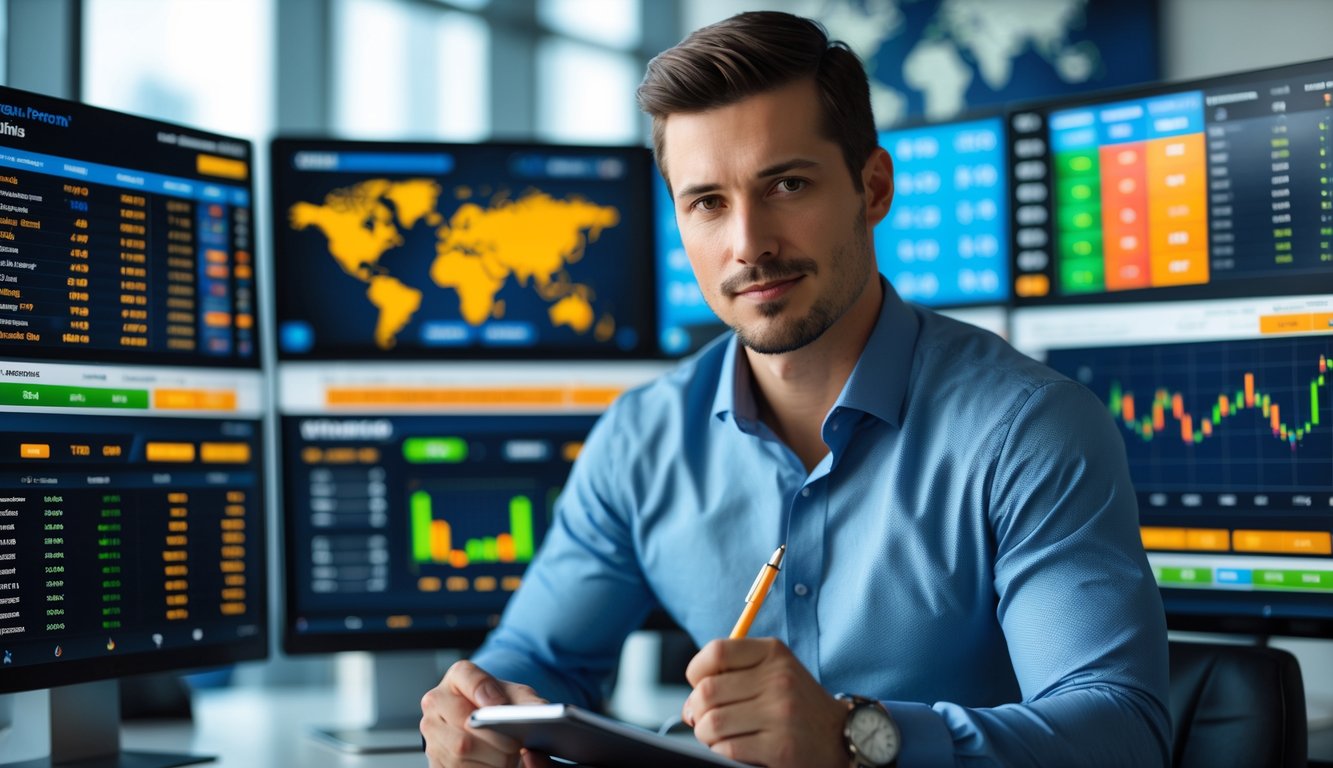 Seorang pria bisnis sedang menganalisis data taruhan olahraga di layar digital dalam kantor modern.