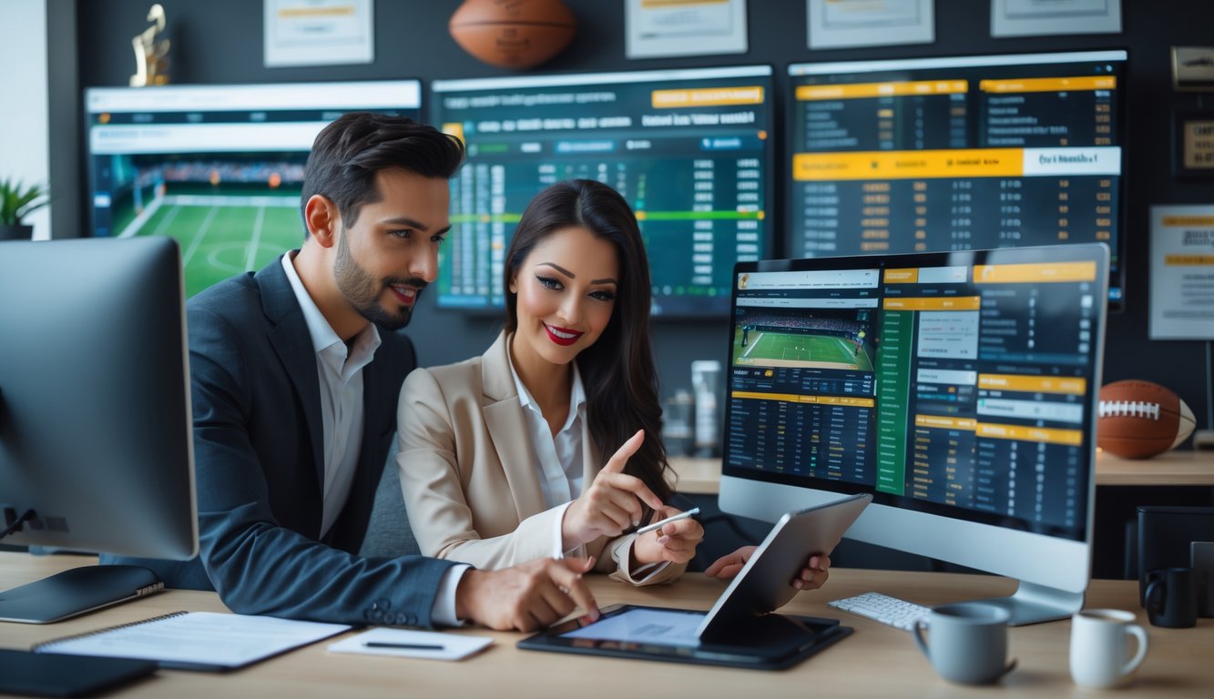 Seorang pria dan wanita sedang berdiskusi di kantor dengan layar komputer yang menampilkan statistik olahraga dan peluang taruhan.