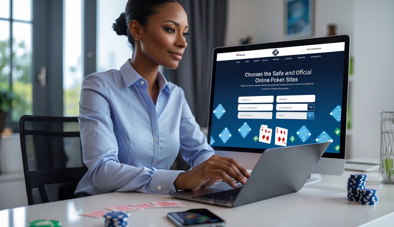 Seseorang duduk di meja modern menggunakan laptop dengan elemen kartu remi dan chip poker di sekitar, menunjukkan aktivitas bermain poker online yang aman.