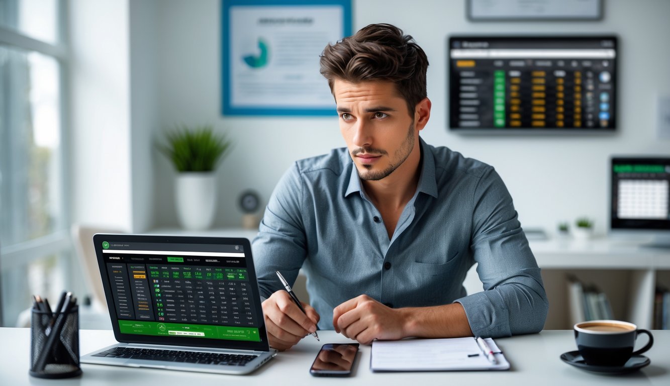 Seorang pria muda duduk di meja dengan laptop dan perangkat digital lainnya, fokus pada data taruhan olahraga di layar, suasana tenang dan teratur.