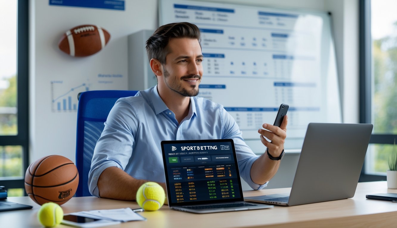 Seorang pria duduk di meja kerja dengan perangkat digital menampilkan statistik olahraga, tampak fokus dan percaya diri dalam suasana kantor rumah yang terang.