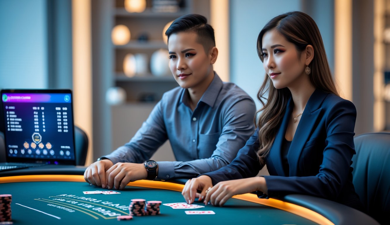 Dua pemain poker Indonesia duduk di meja poker modern dengan kartu dan chip, terlihat fokus dan serius dalam suasana permainan.