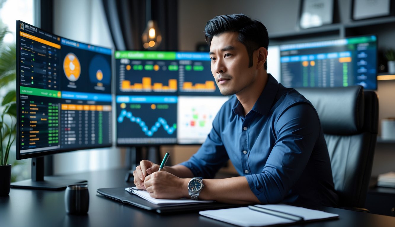 Seorang pria Asia duduk di meja kerja dengan beberapa layar komputer menampilkan statistik dan pertandingan olahraga, tampak fokus dan serius menganalisis data.