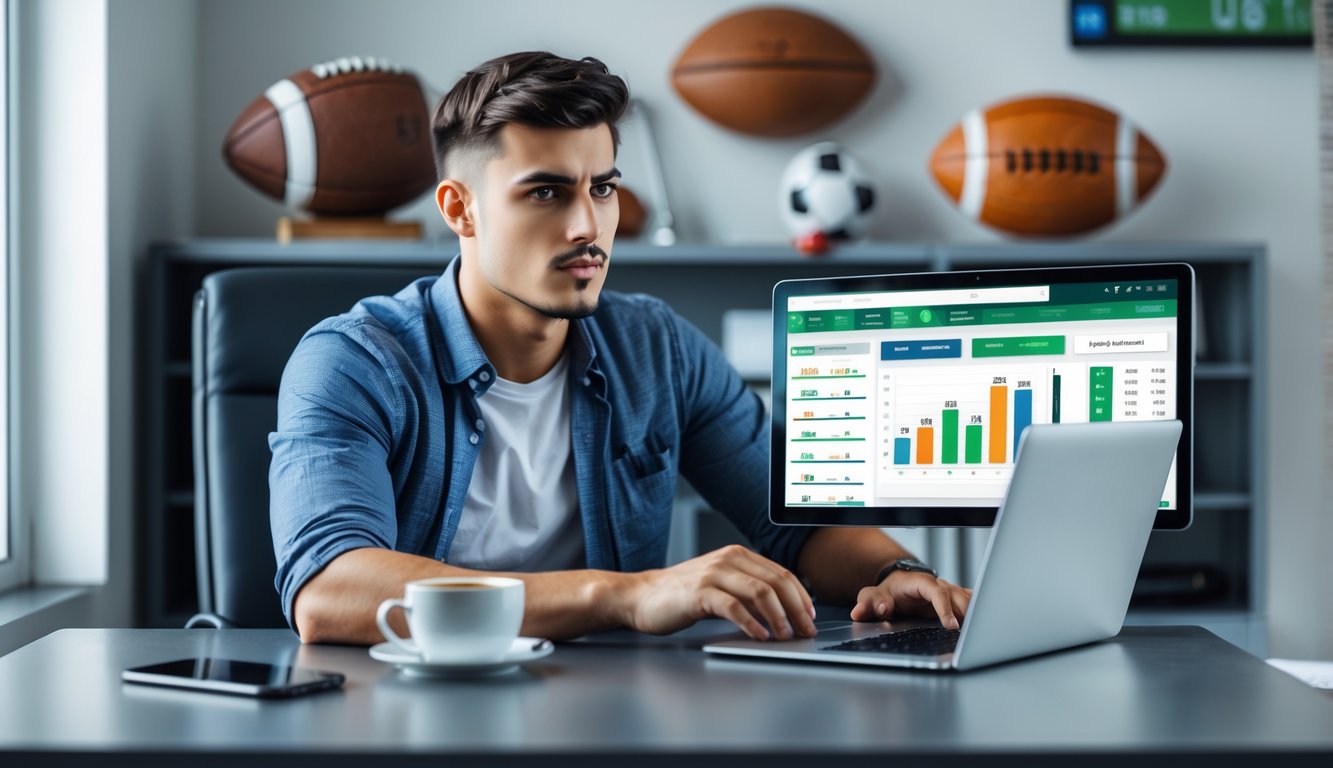 Seorang pria muda duduk di meja dengan laptop, menganalisis data taruhan olahraga di ruangan kerja yang terang dan rapi.