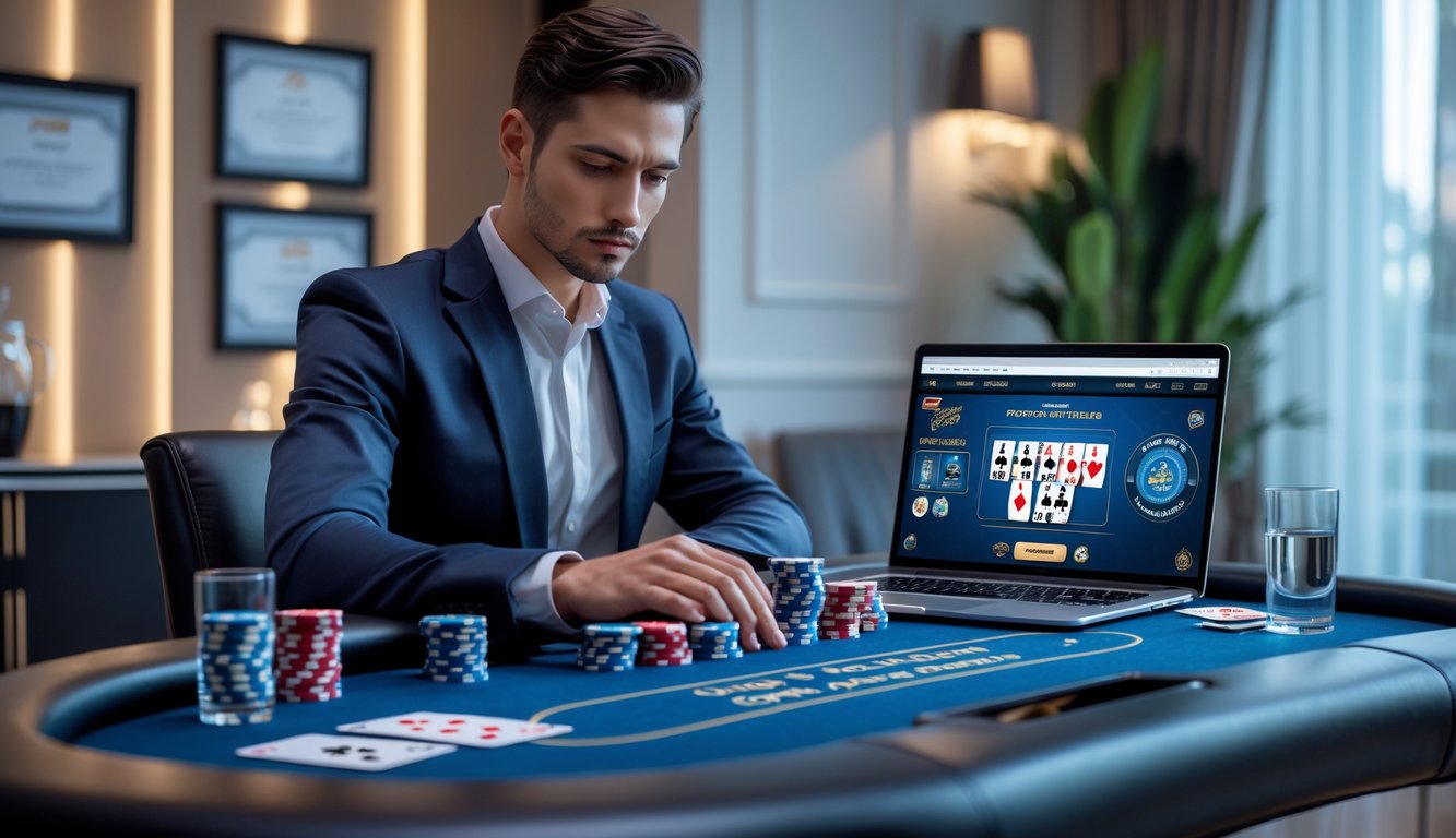 Seseorang duduk di meja poker dengan laptop dan smartphone, fokus pada permainan poker online dalam suasana ruangan yang tenang dan profesional.