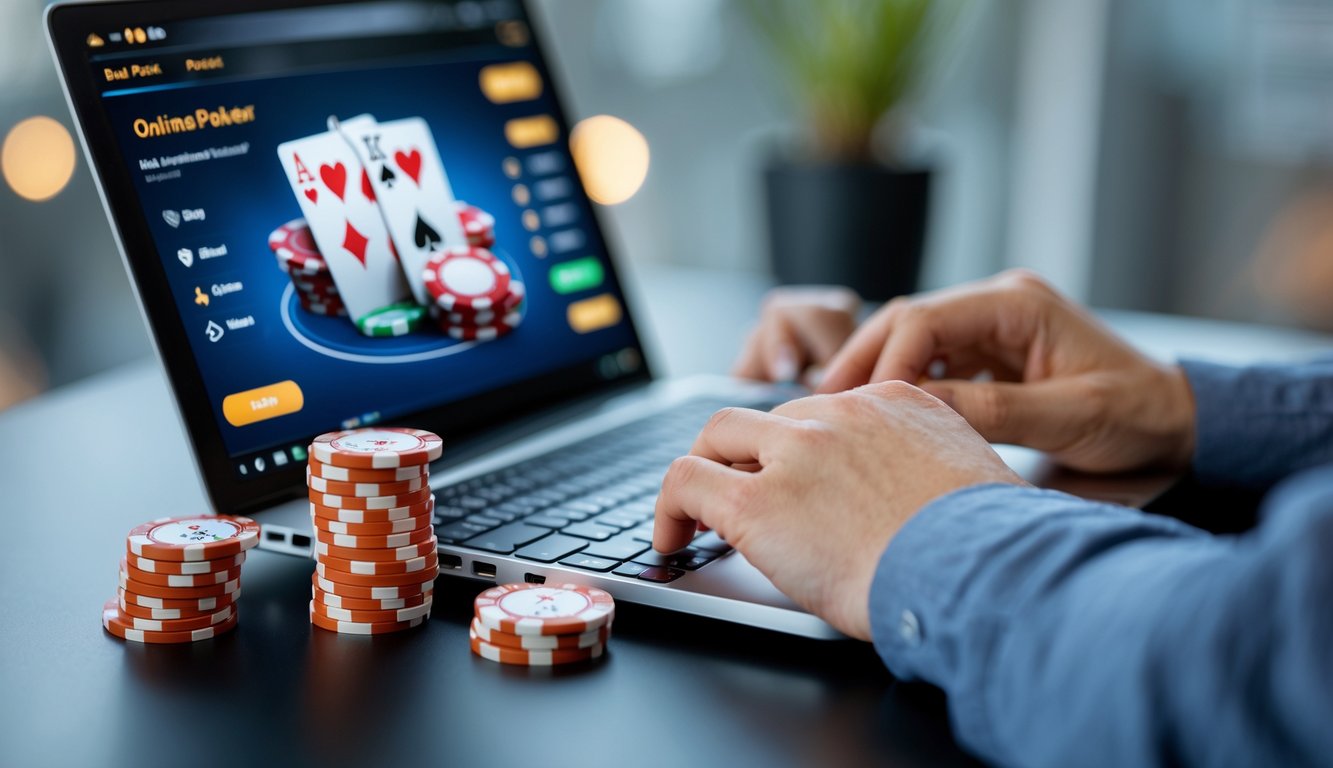 Seseorang bermain poker online di laptop dengan tumpukan chip poker di meja di ruang kerja yang terang.