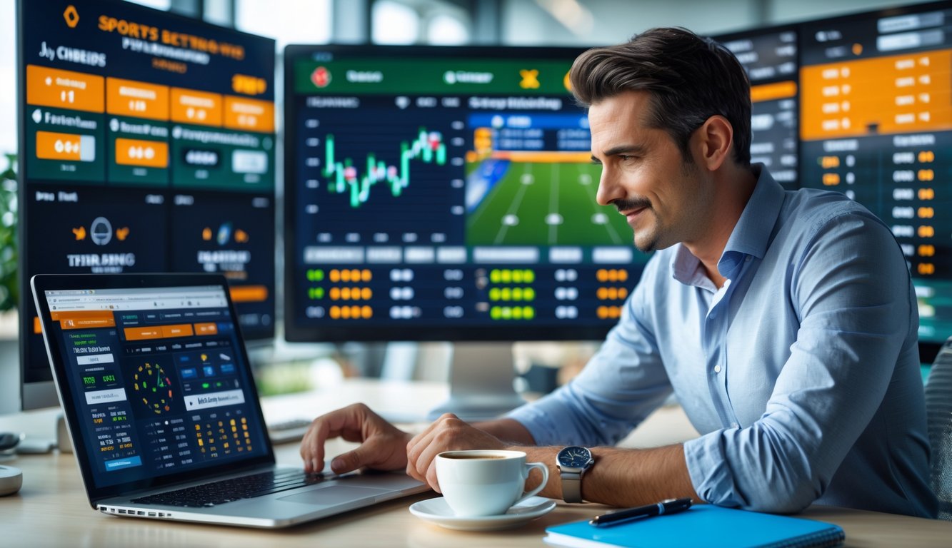 Seorang pria fokus melihat layar laptop dengan data taruhan olahraga di kantor modern.