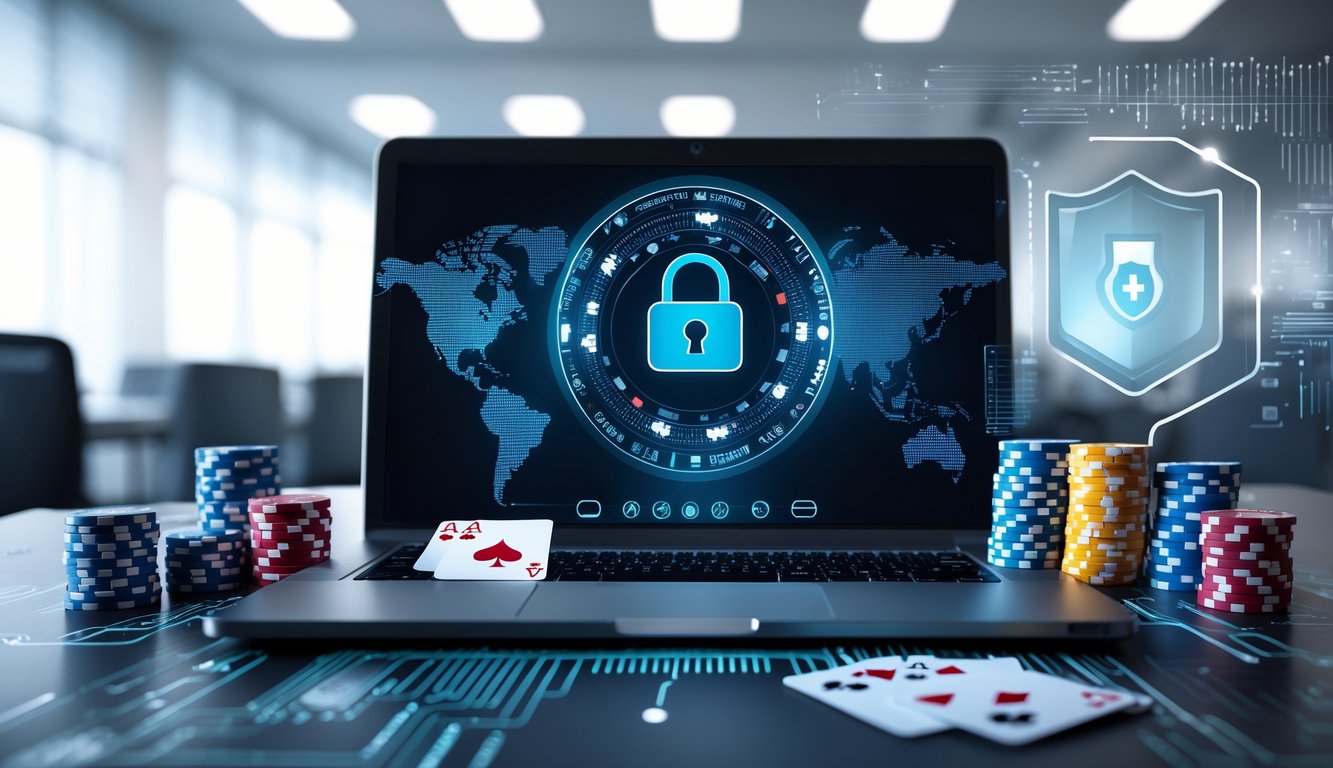 Seorang pria menggunakan laptop dengan permainan poker online di layar, dikelilingi chip poker dan kartu, dengan ikon gembok digital yang melambangkan keamanan.