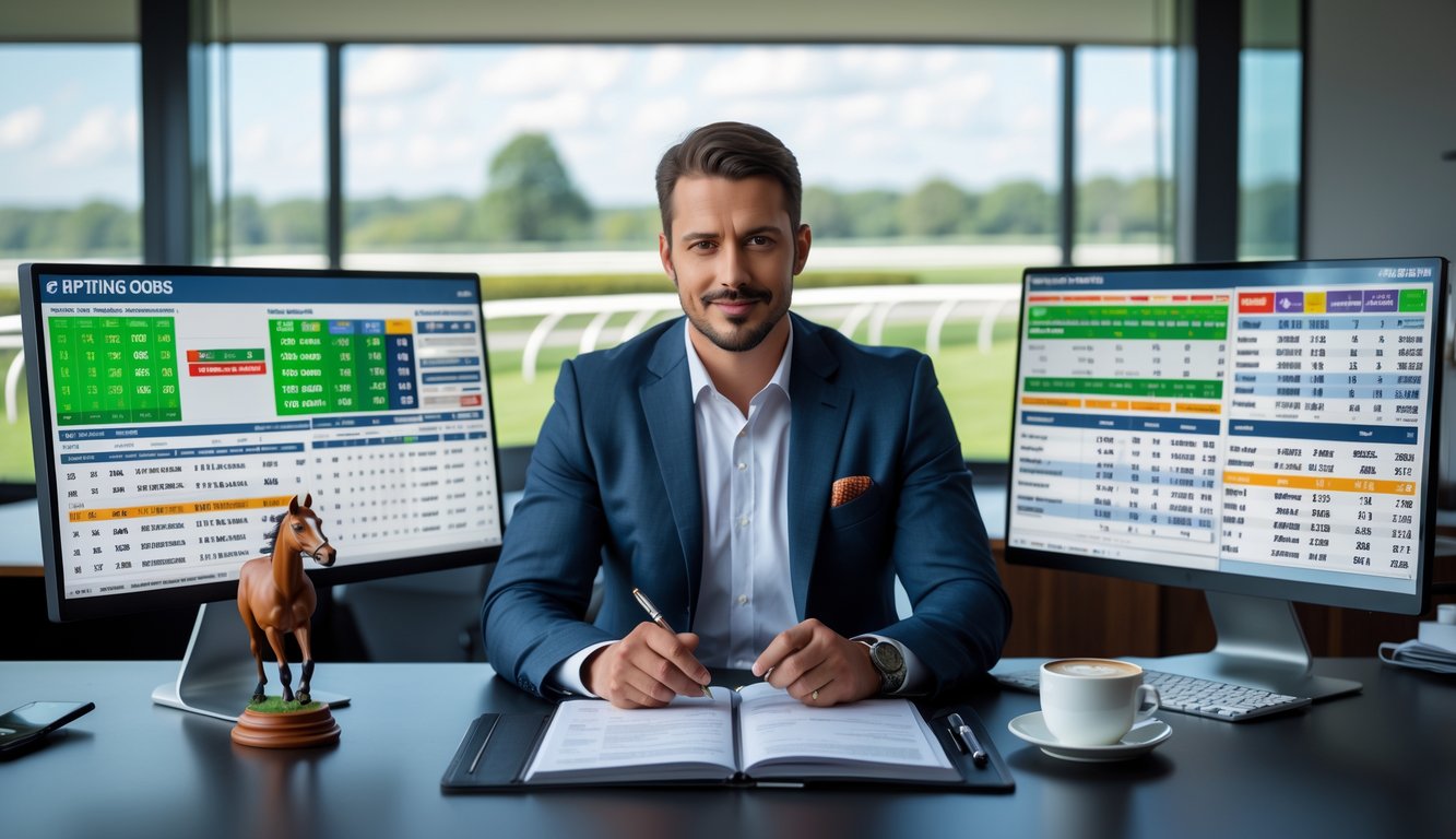 Seorang pria duduk di meja dengan beberapa layar komputer menampilkan data balap kuda, sedang menganalisis informasi di sebuah kantor modern dengan jendela yang memperlihatkan arena balap kuda di luar.