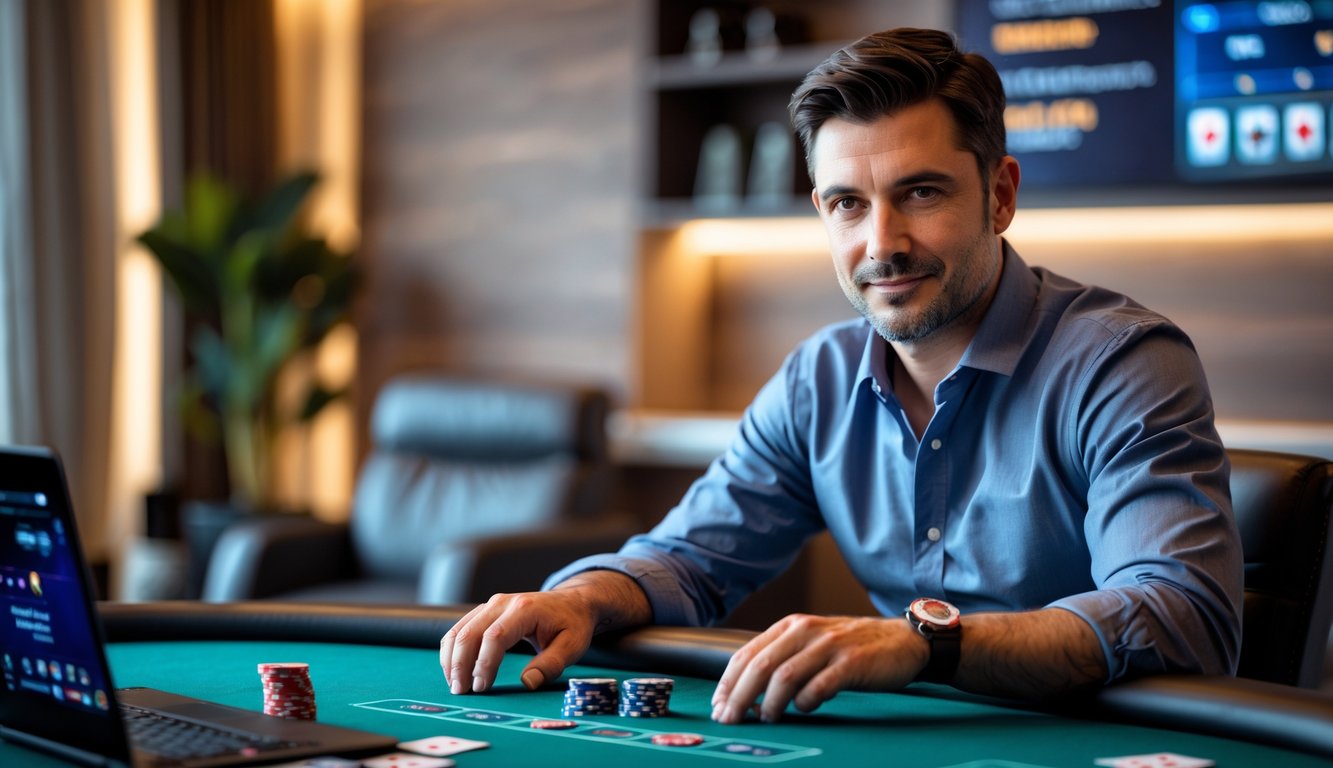 Seorang pria duduk di meja poker dengan chip dan kartu, terlihat fokus dan percaya diri di ruangan yang terang dan rapi.