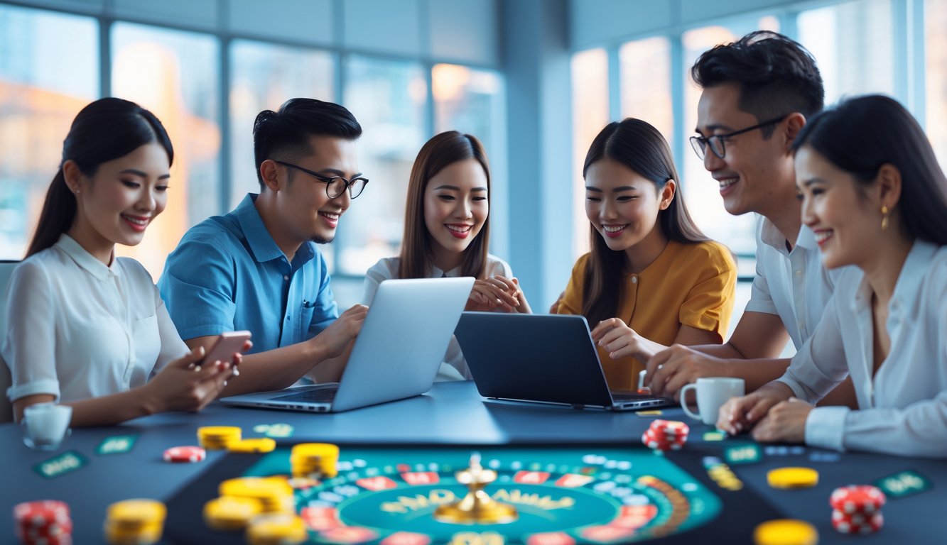 Sekelompok orang menggunakan perangkat digital untuk berjudi online dalam suasana yang nyaman dan terpercaya.