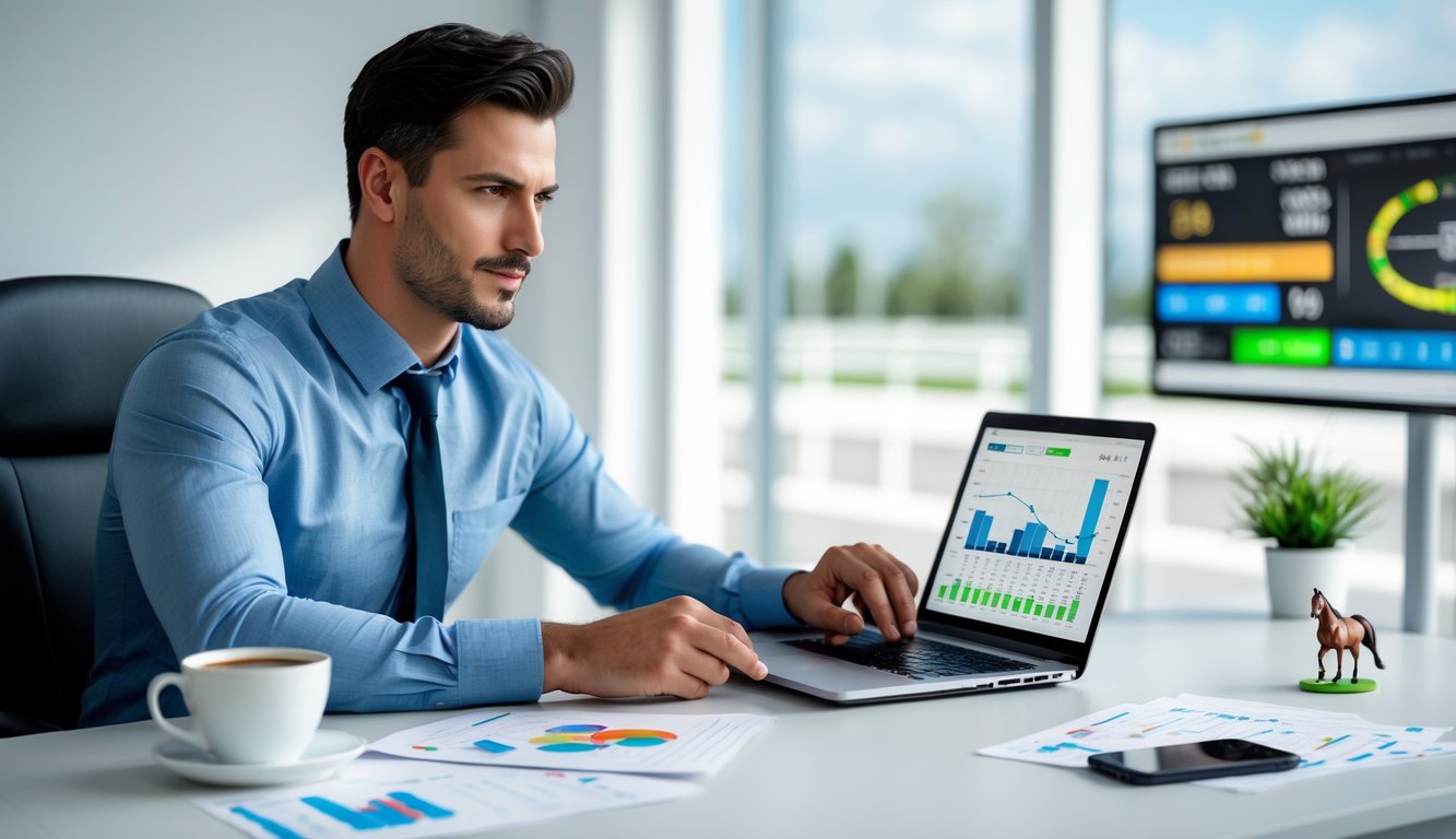 Seorang pria duduk di meja dengan laptop, mempelajari data balap kuda sambil terlihat fokus dan serius.